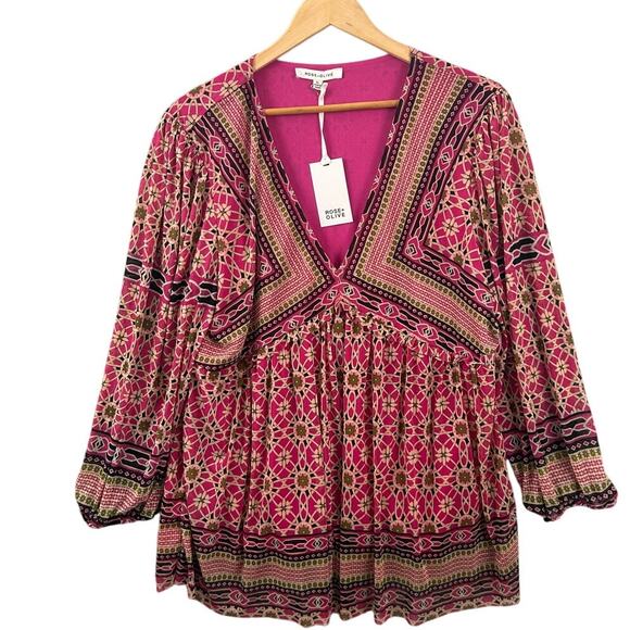 Rose + Olive Tops - NWT Rose + Olive Pink Boho Print Peplum Blouse Women’s XL V-Neck Long Sleeve